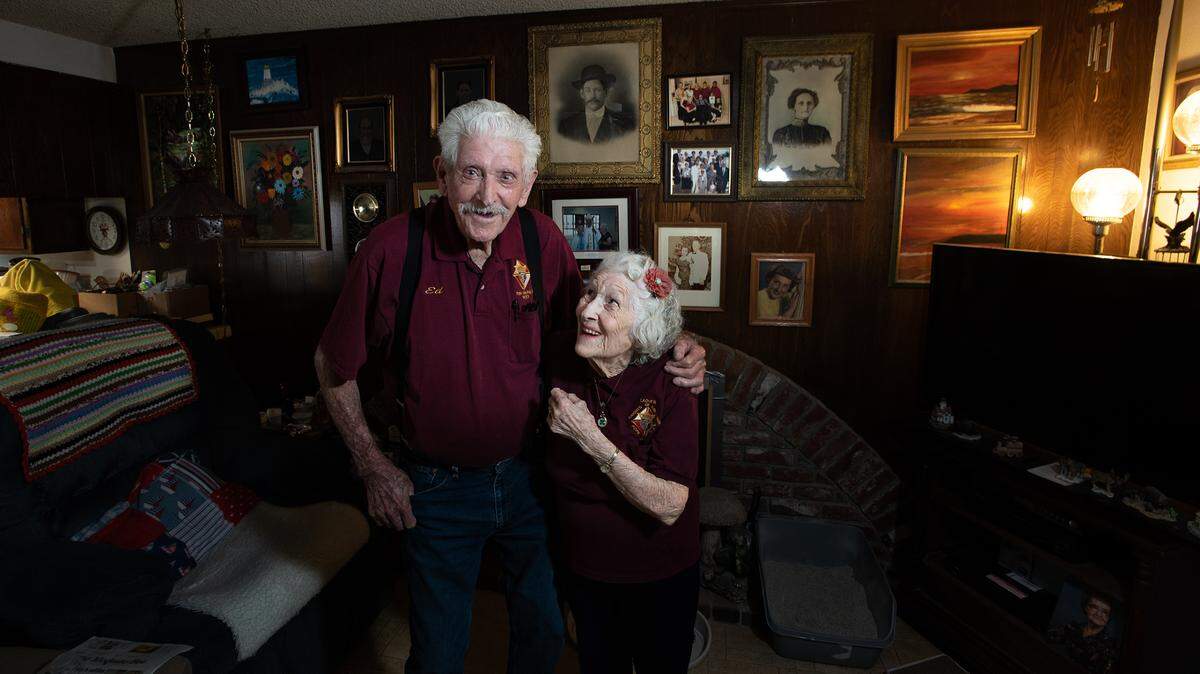 Ed, 92, and and Evelyn Schoonover, 90, in their home in Modesto, Calif., on Wednesday, July 13, 2022. They will celebrate their 70th anniversary on July, 19.
