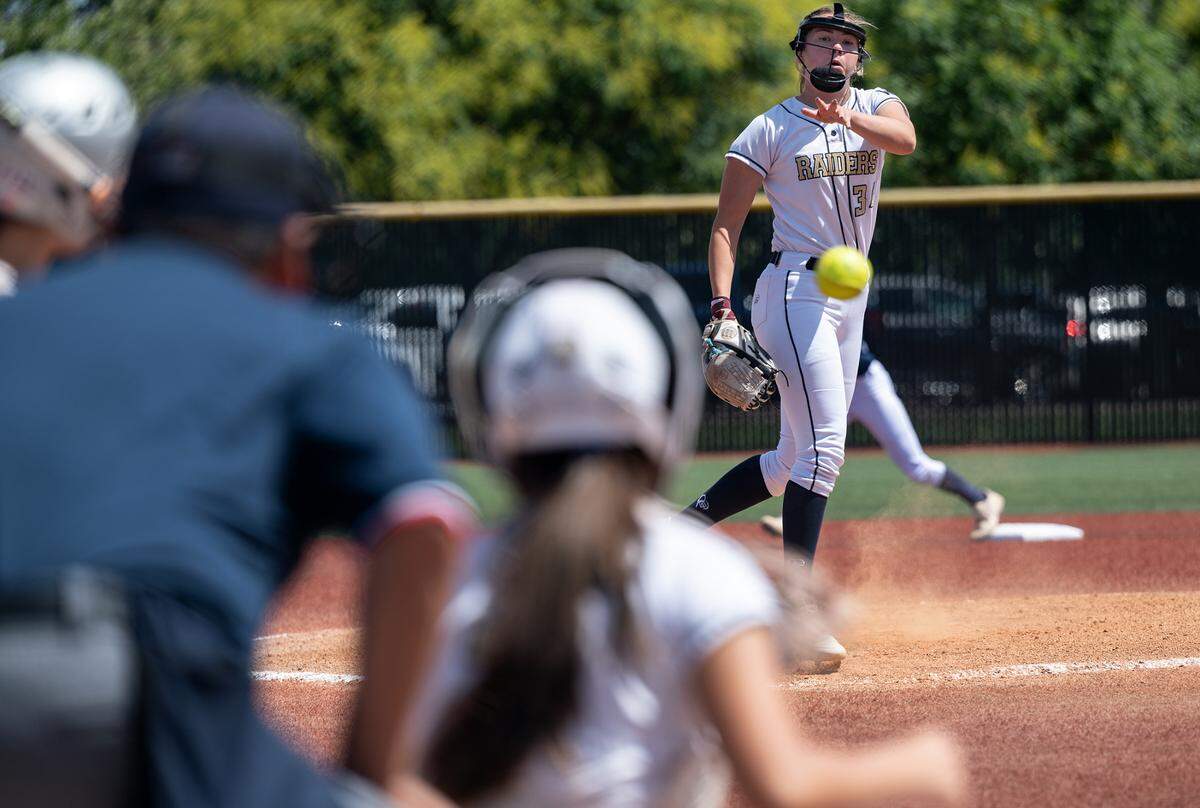 Central Catholic’s Randy Roelling fires a pitch during the CIF Sac-Joaquin Section Division III softball championship game with Vista del Lago at Delta College in Stockton, Calif., on Saturday, May 28, 2022.