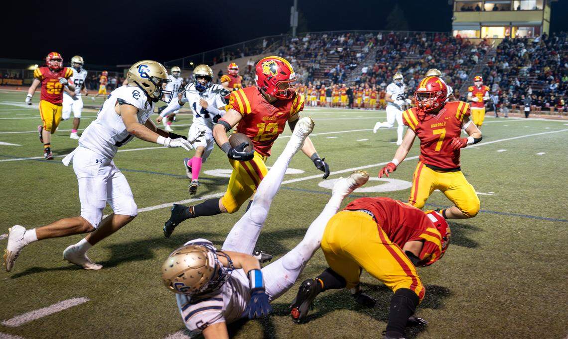 Oakdale and Central Catholic during the Valley Oak League game with Central Catholic in Oakdale, Friday, Oct. 17, 2025.