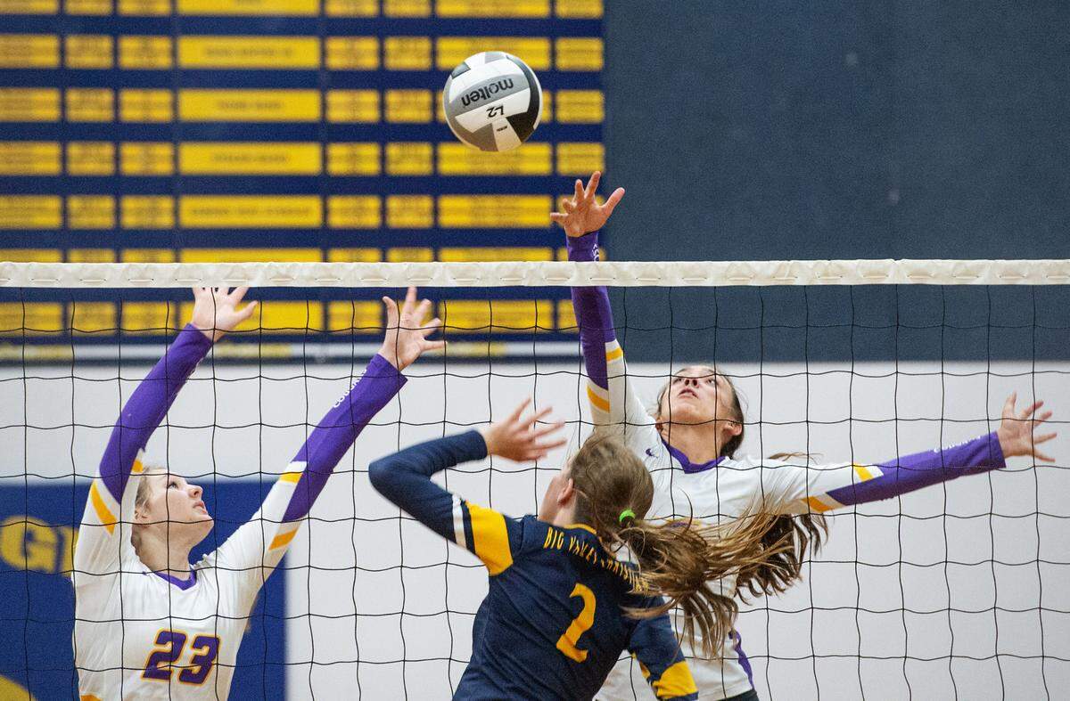 Escalon’s Emily Vickers, right, and teammate Bella Cormack, left, battle with Big Valley’s Jordan Beers during the non-league match at Big Valley Christian High School in Modesto, Calif., on Monday, Oct. 4, 2021.