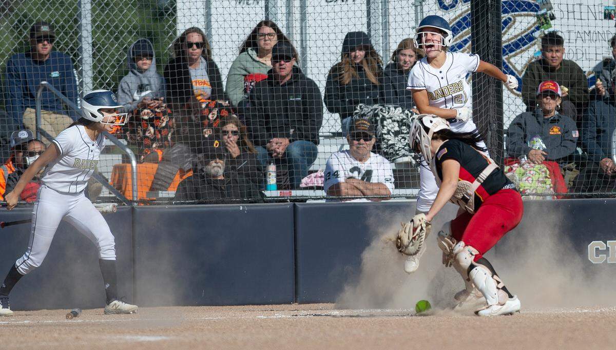 Central Catholic’s Adison Machado jumps for joy after scoring during the Valley Oak League game with Oakdale at Central Catholic High School in Modesto, Calif., on Tuesday, May 10, 2022. Central Catholic won the game 2-1.