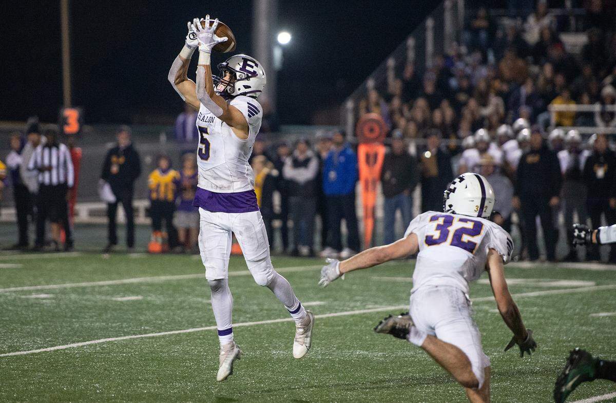 Escalon’s Logan Anderson makes an interception during the Sac-Joaquin Section Division V championship game with Sonora at St. Mary’s High School in Stockton, Calif., Saturday, Nov. 26, 2022.
