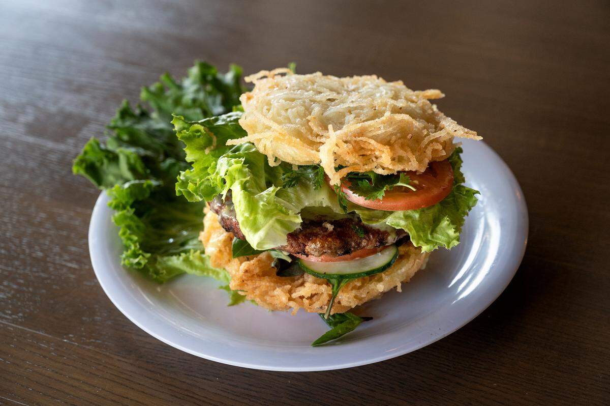 Pho burger at Pho Mex restaurant in Modesto, Calif., on Thursday, June, 23, 2022.