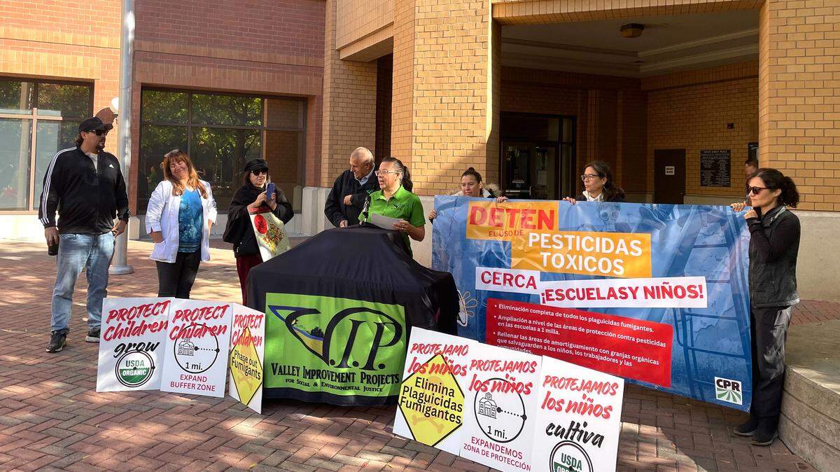 Valley Improvements Projects co-founder Bianca Lopez speaks at the press conference hosted by Californians for Pesticide Reform in Modesto on Tuesday, Nov. 18, 2025, calling for stronger regulations on pesticide use.
