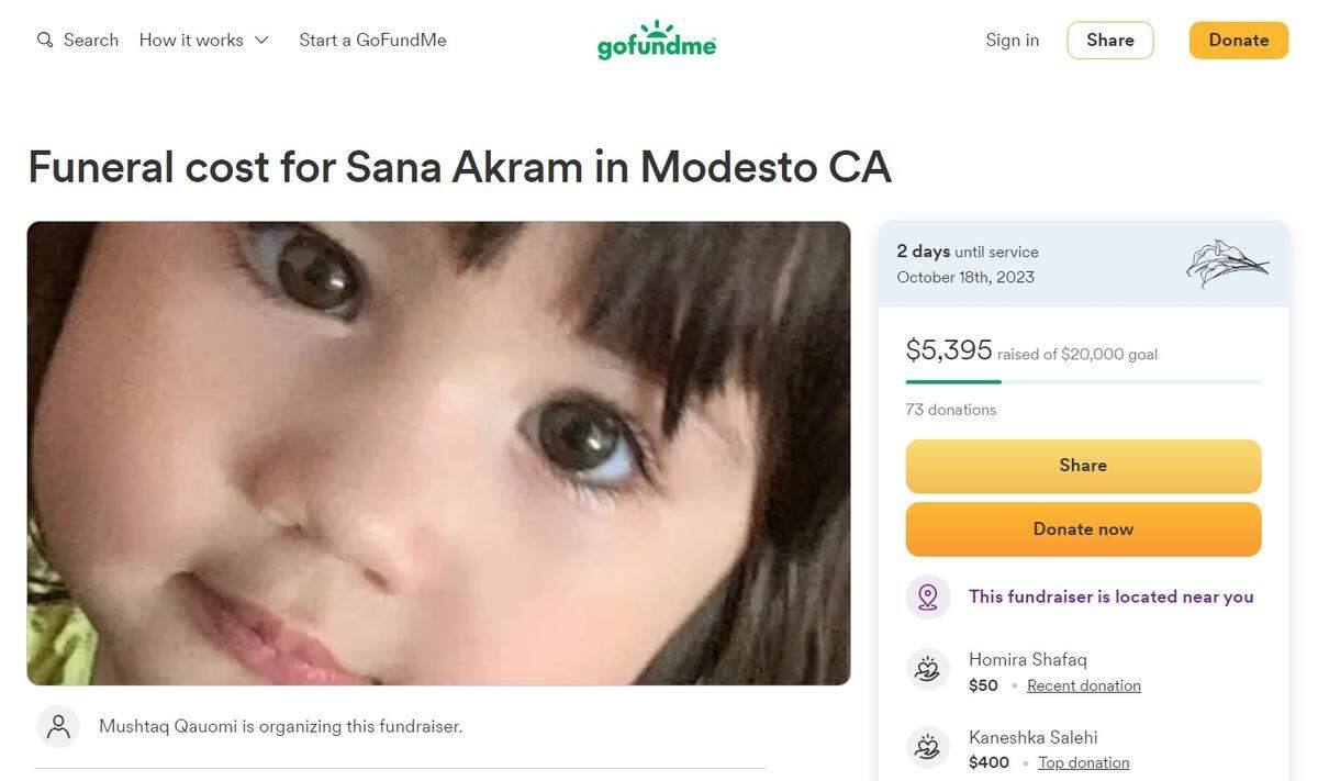 Captura de pantalla de la página de GoFundMe para recaudar fondos para el funeral de Sana Akram.