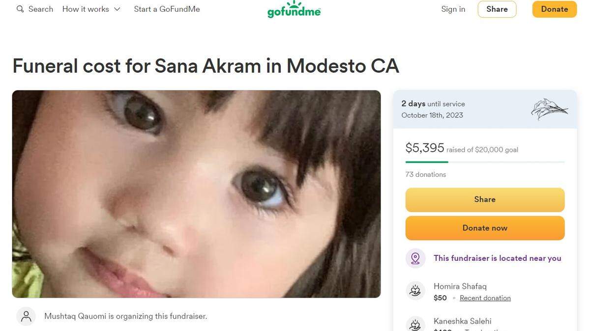 A screenshot of the GoFundMe that is seeking to raise money for the funeral of Sana Akram.
