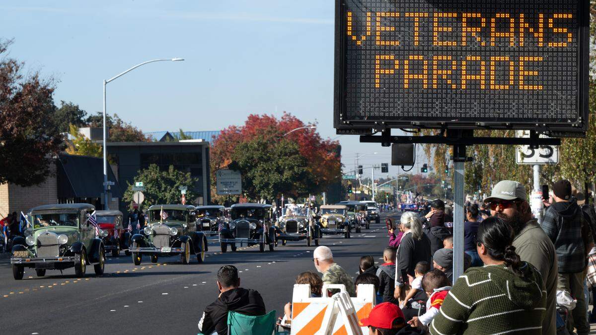 Modesto Area A’s Model A Club proceeds down Needham Street during the Modesto Veterans Day Parade in Modesto, Calif., Saturday, Nov. 11, 2023.