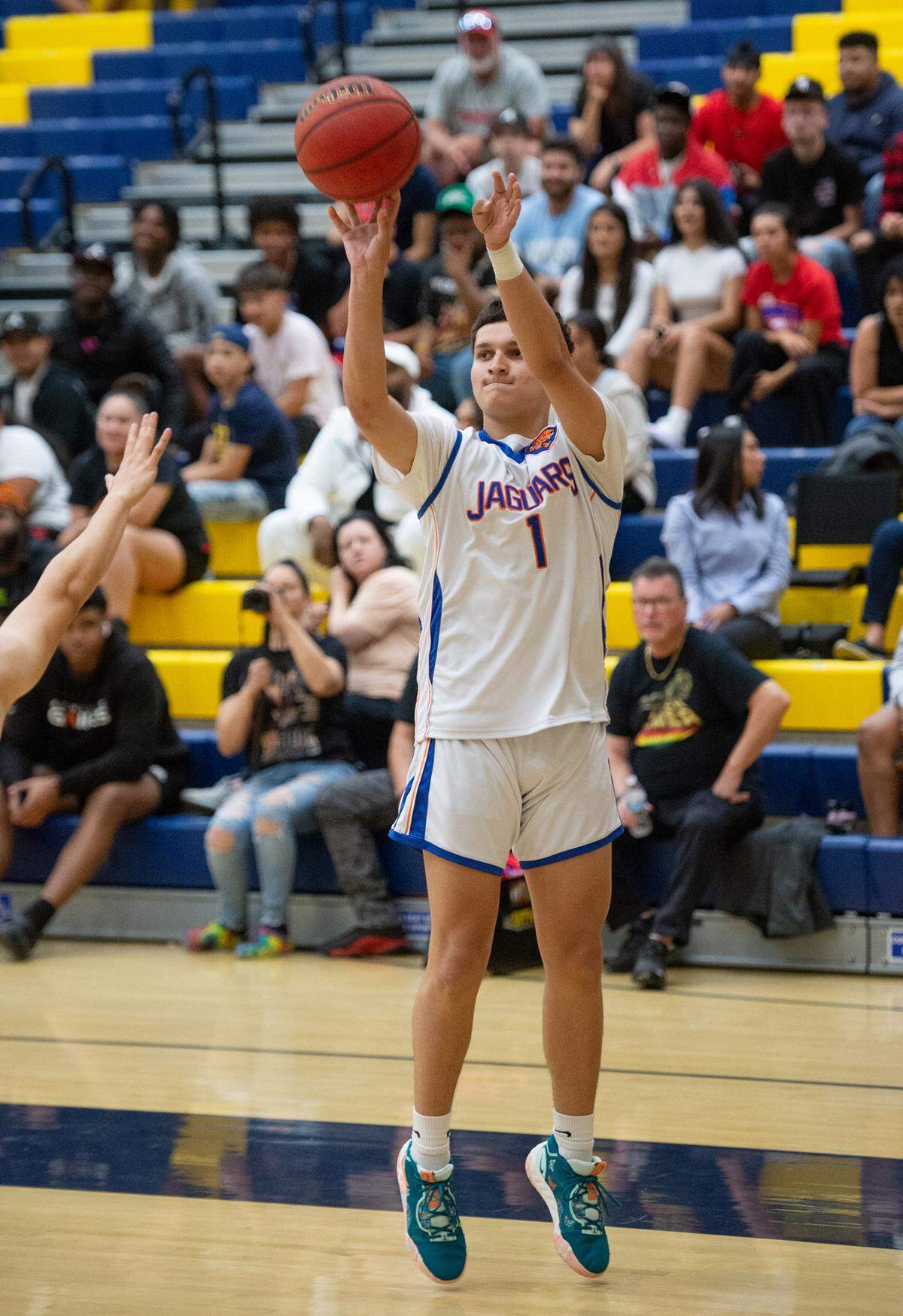 Kimball’s Isiah Baptista-Andrate shoots a three-point ball during the Six-County Senior All-Star Basketball Game at Gregori High School in Salida, Friday, May 6, 2022.