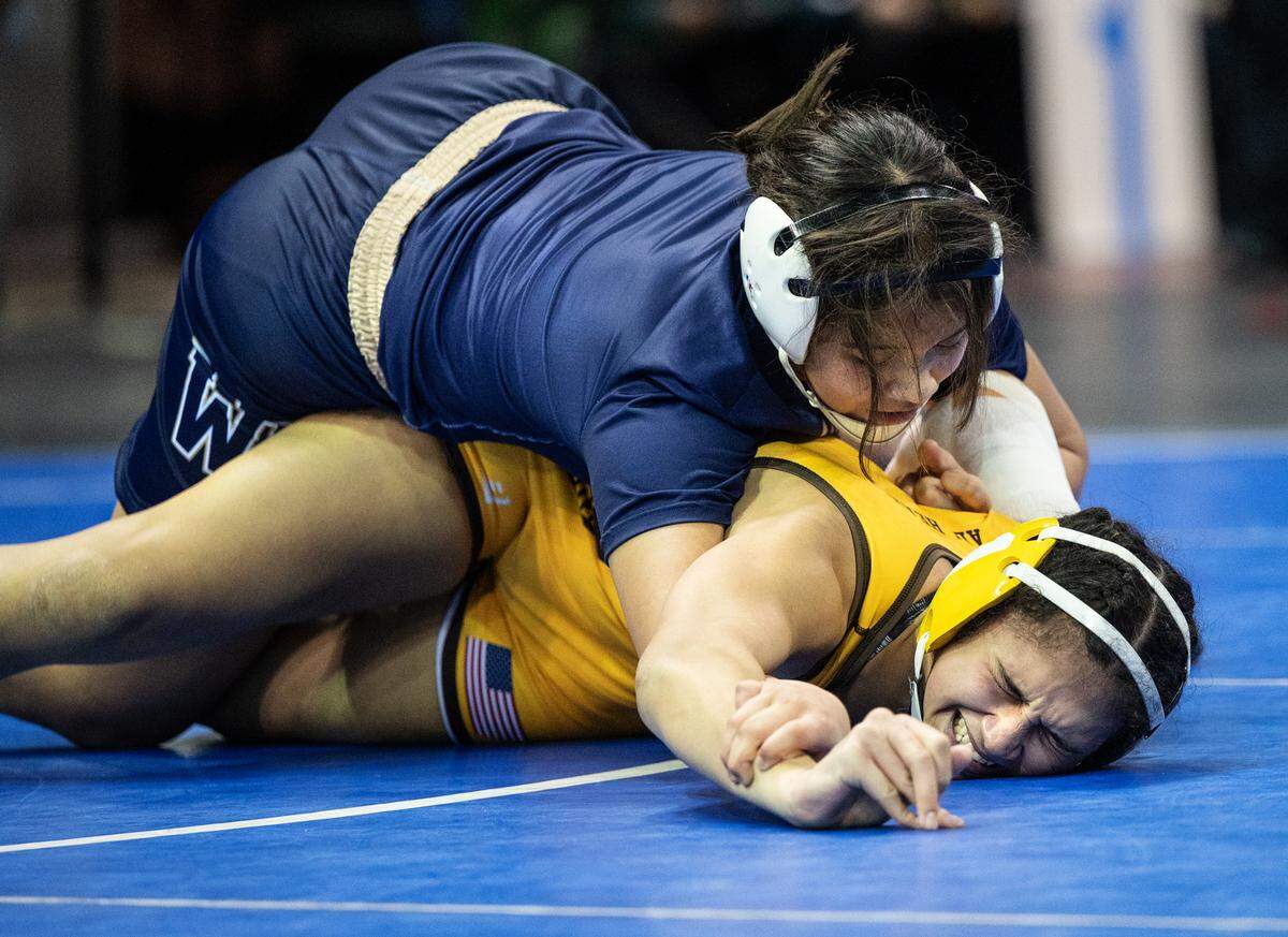 Gabryella Austin of Central Catholic won third place with a pin of Yuba City’s Kylie Leaty during the CIF Sac-Joaquin Section Masters Wrestling Tournament at the Stockton Arena in Stockton, Calif., on Saturday, Feb. 19, 2022.