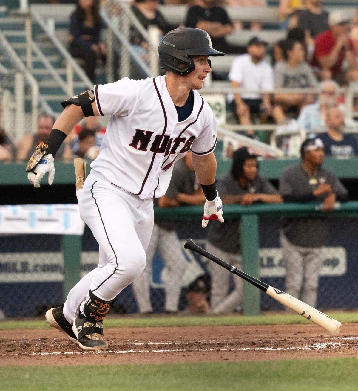 Modesto’s Colt Emerson singles during the game with Fresno at John Thurman Field, in Modesto, Calif., Wednesday, July 3, 2024.