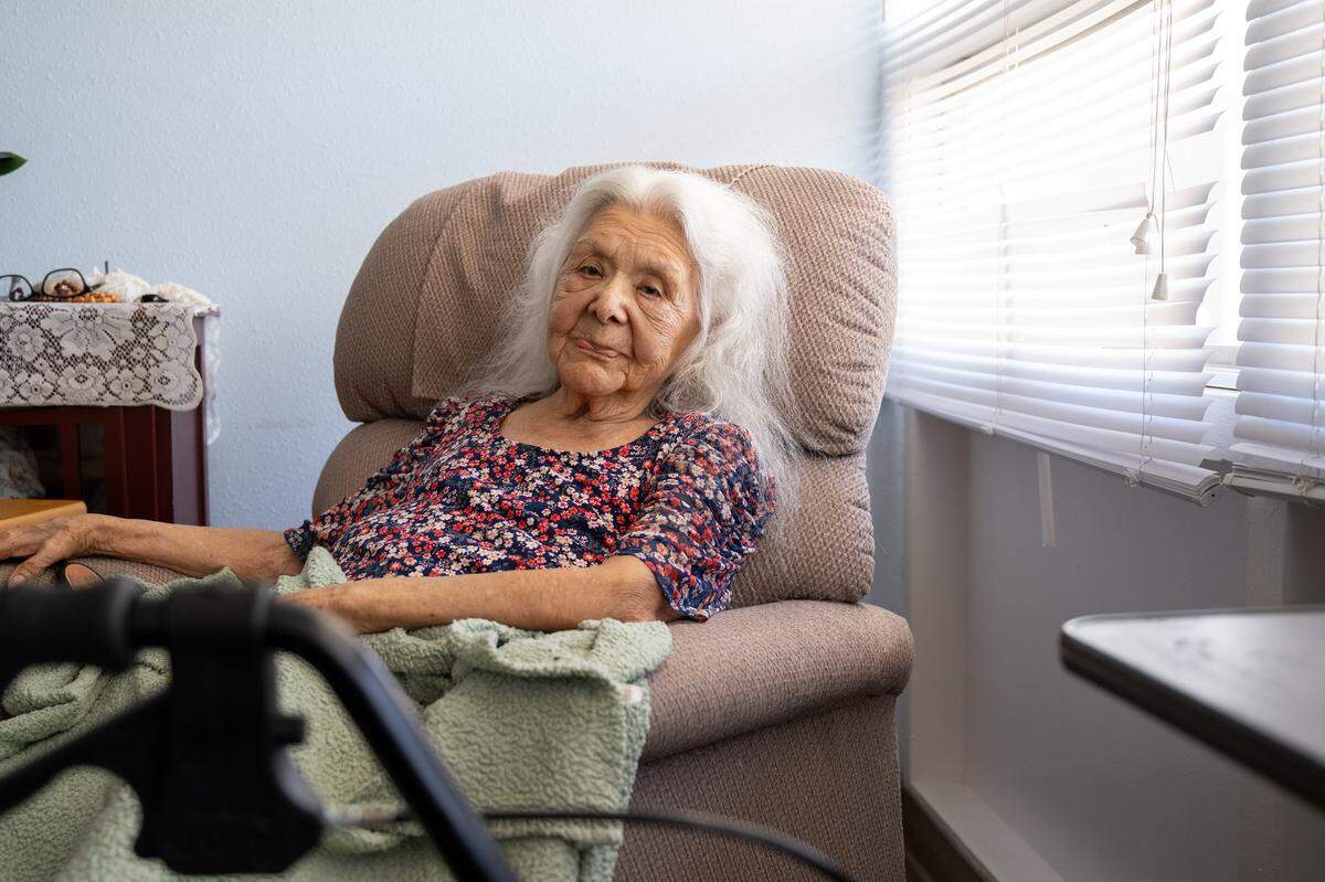 Theresa Jones, 100, in her room at Casa de Modesto in Modesto, Calif., Wednesday, Oct. 2, 2024.