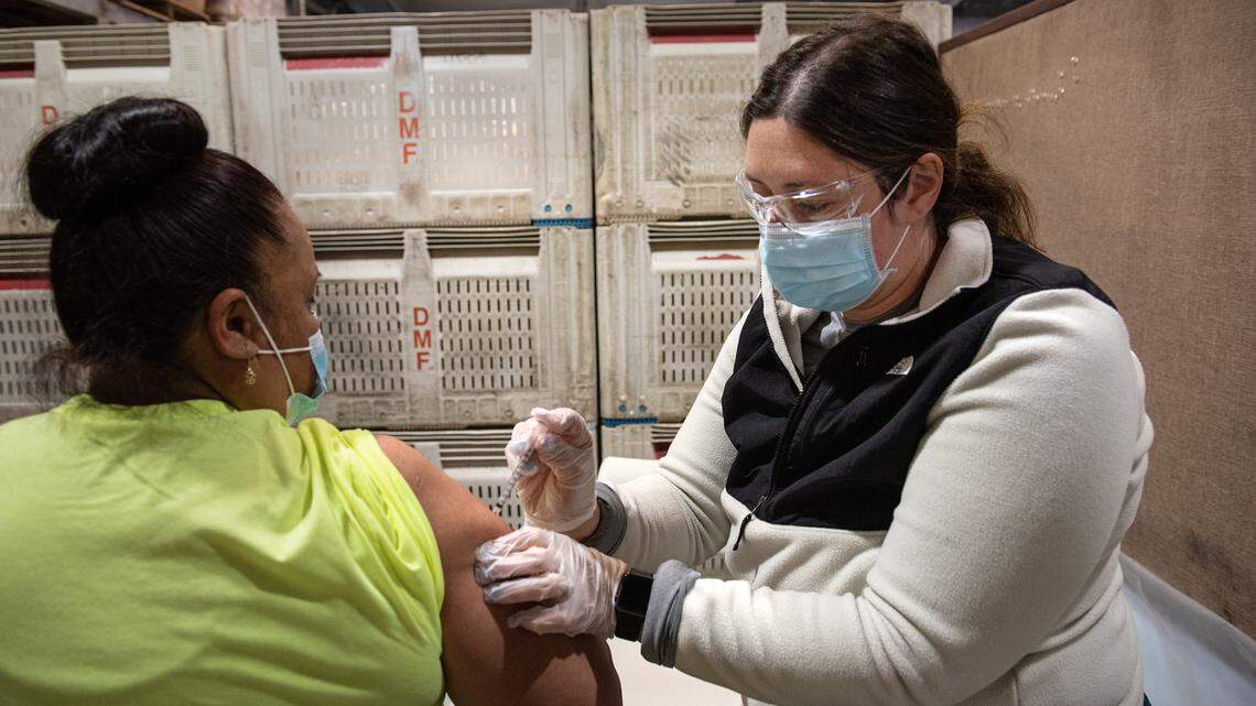 Employees at Duarte Nursery in Hughson, Calif., received COVID-19 vaccines in March 2021.
