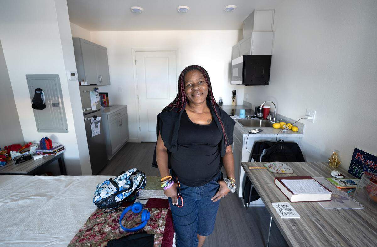 Maya Carter moved into one of 53 units at Jenny’s Place in Modesto, Thursday, May 29, 2025. The supportive housing project, transitions people out of homelessness, and is named for former Modesto City Council member Jenny Kenoyer.