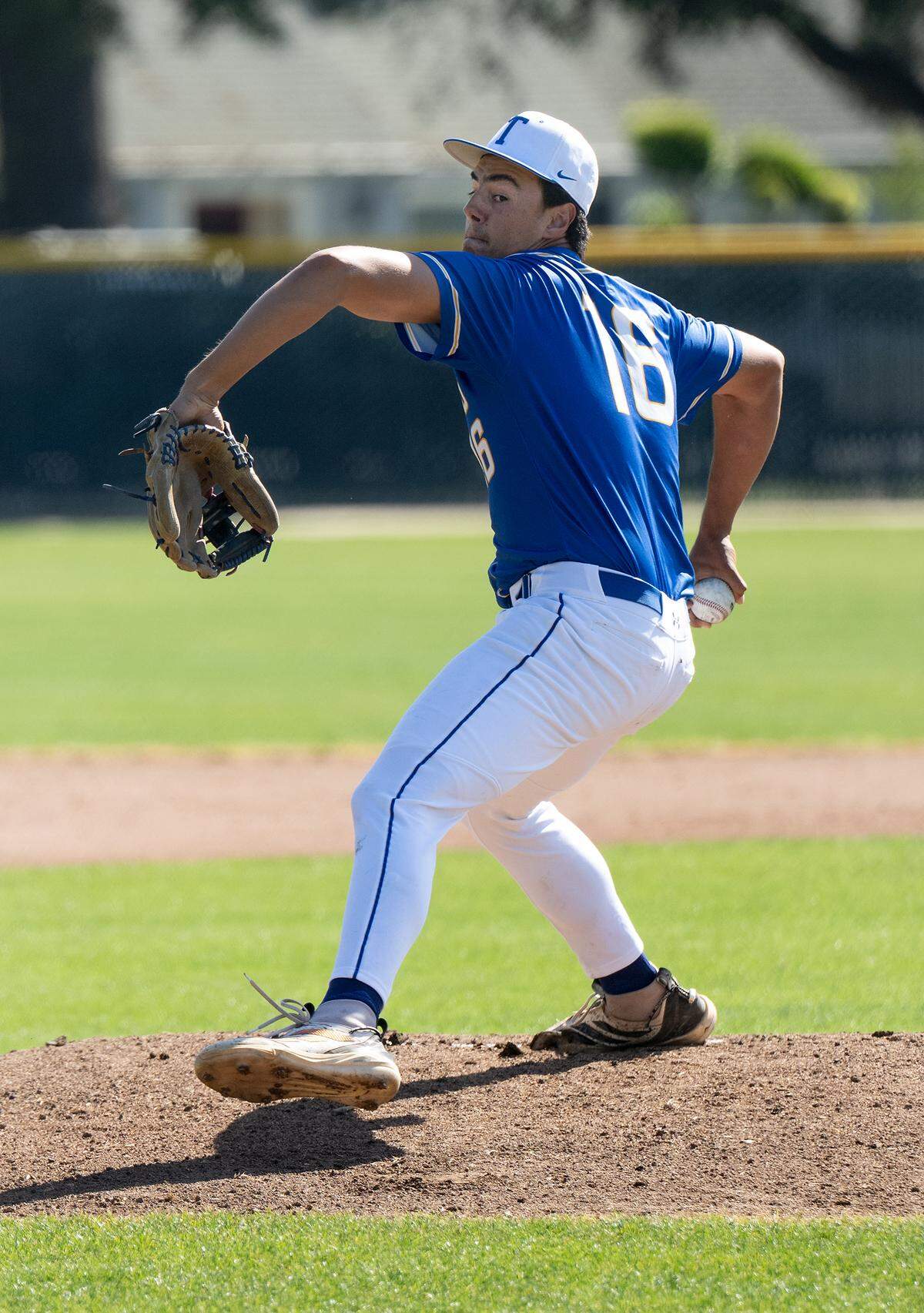 Turlock’s Mason Hackler pitches during the Central California Athletic League game with Pitman in Turlock on Wednesday, April 29, 2026. Turlock won the game 5-3.