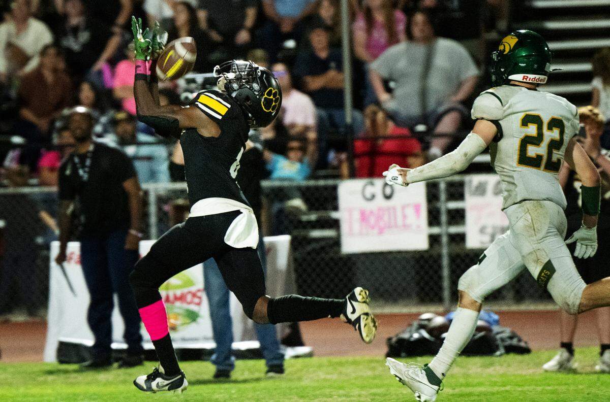 Hughson’s Malakai Sumter makes a fourth quarter touchdown catch during the Trans Valley League game with Sonora in Hughson, Friday, Oct. 11, 2024.
