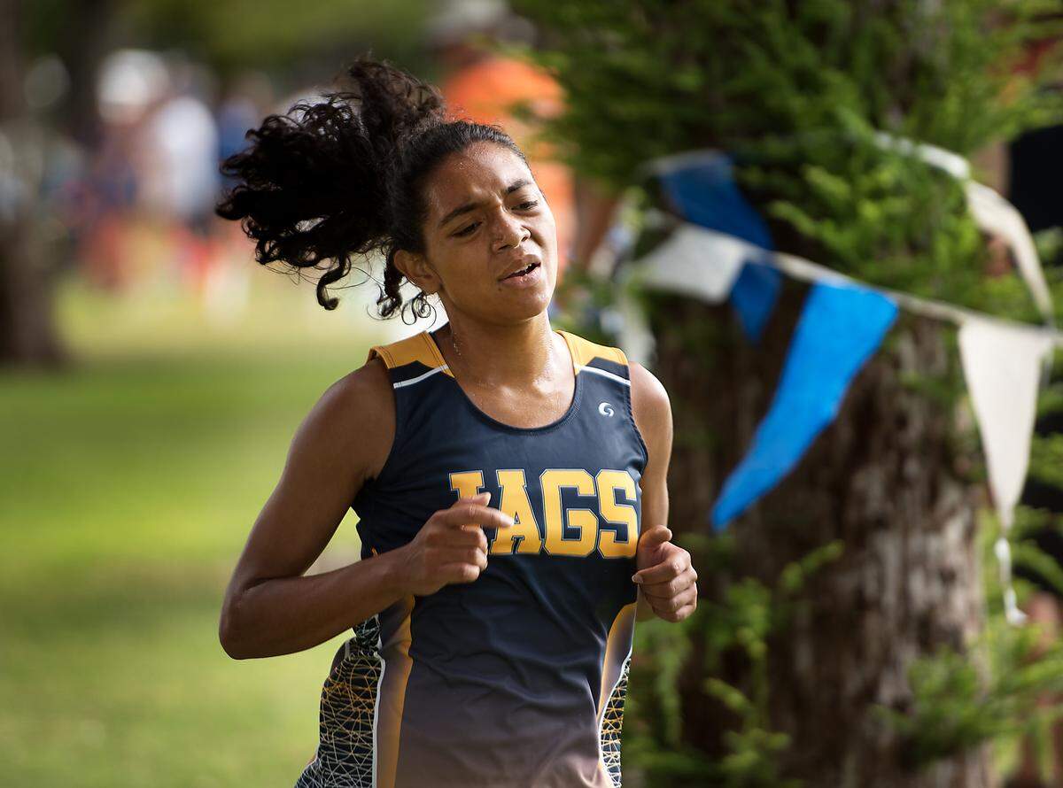 Gregori runner Briseida Garcia Meza placed third in the varsity race with a time of 18:29 during the CCAL meet at Donnelly Park in Turlock, Calif., on Wednesday, Oct. 3, 2018. Gregori placed first in the team results.