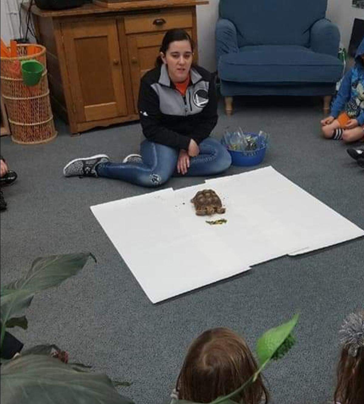 Rebecca Goulet brings Squirt to a preschool class. The tortoise disappeared March 26.