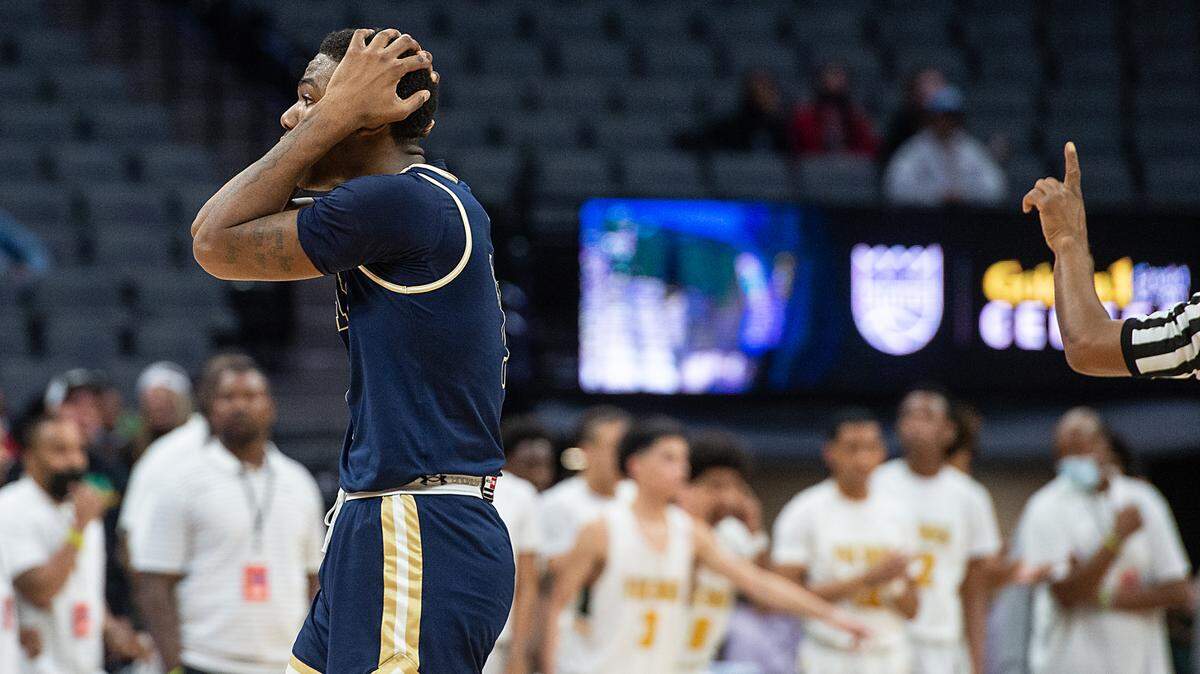 Central Catholic’s Malachi Miller reacts to fouling out of the game in the fourth quarter of the boys Sac-Joaquin Section Division 3 final with Vanden at the Golden 1 Center in Sacramento, Calif., on Saturday, Feb. 26, 2022.