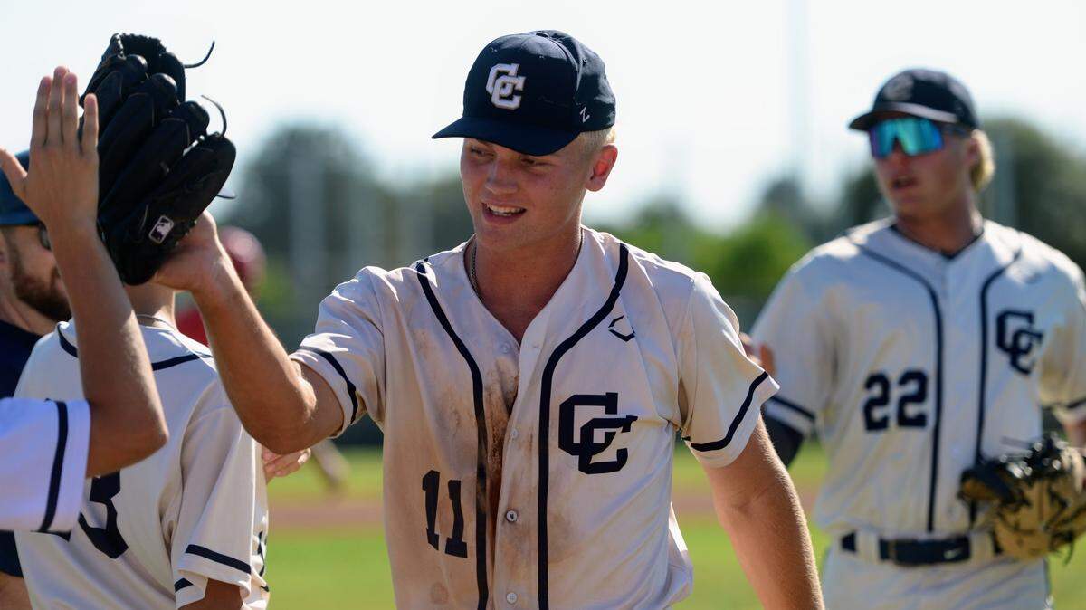 Central Catholic pitcher TP Wentworth enters the dugout after pitching during Game 1 of the CIF Sac-Joaquin Section D-III semifinals against Oakdale at Oakdale High School on Monday, May 13, 2024. Central Catholic took a 1-0 series lead with an 8-1 win.