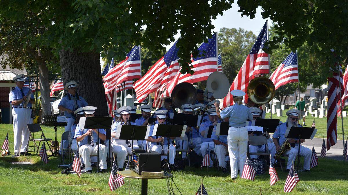 The MusiCadets Alumni Band performs one of several selections at the 2026 Memorial Day observance at Acacia Memorial Park in Modesto on Monday, May 25.