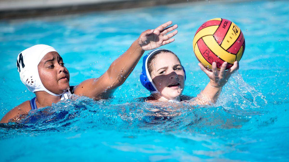 Beyer’s Jaedyn Young, right, is defended by Mountain House’s Shambhavi Sisodiya during a non-league game at Beyer High School in Modesto, Calif., on Tuesday, Sept. 18, 2018. Beyer won the match 10-2.