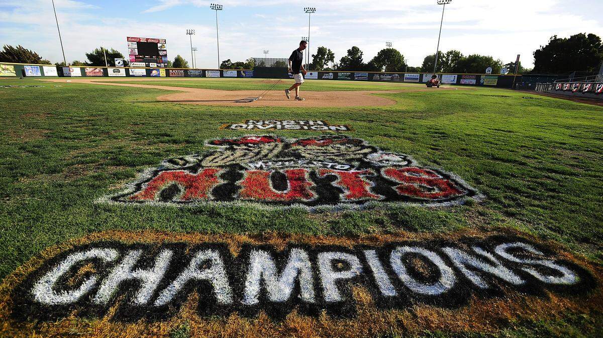 Fred Baker prepares the field before the start of game 1 of the California League Championship Series between the Modesto Nuts and the Lancaster JetHawks at John Thurman Field on Sept. 13, 2012, in Modesto CA.  