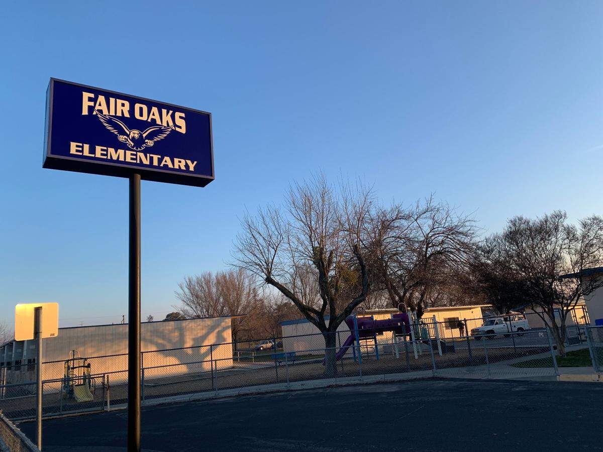 The sign for Fair Oaks Elementary in Oakdale Joint Unified School District is pictured Feb. 3.