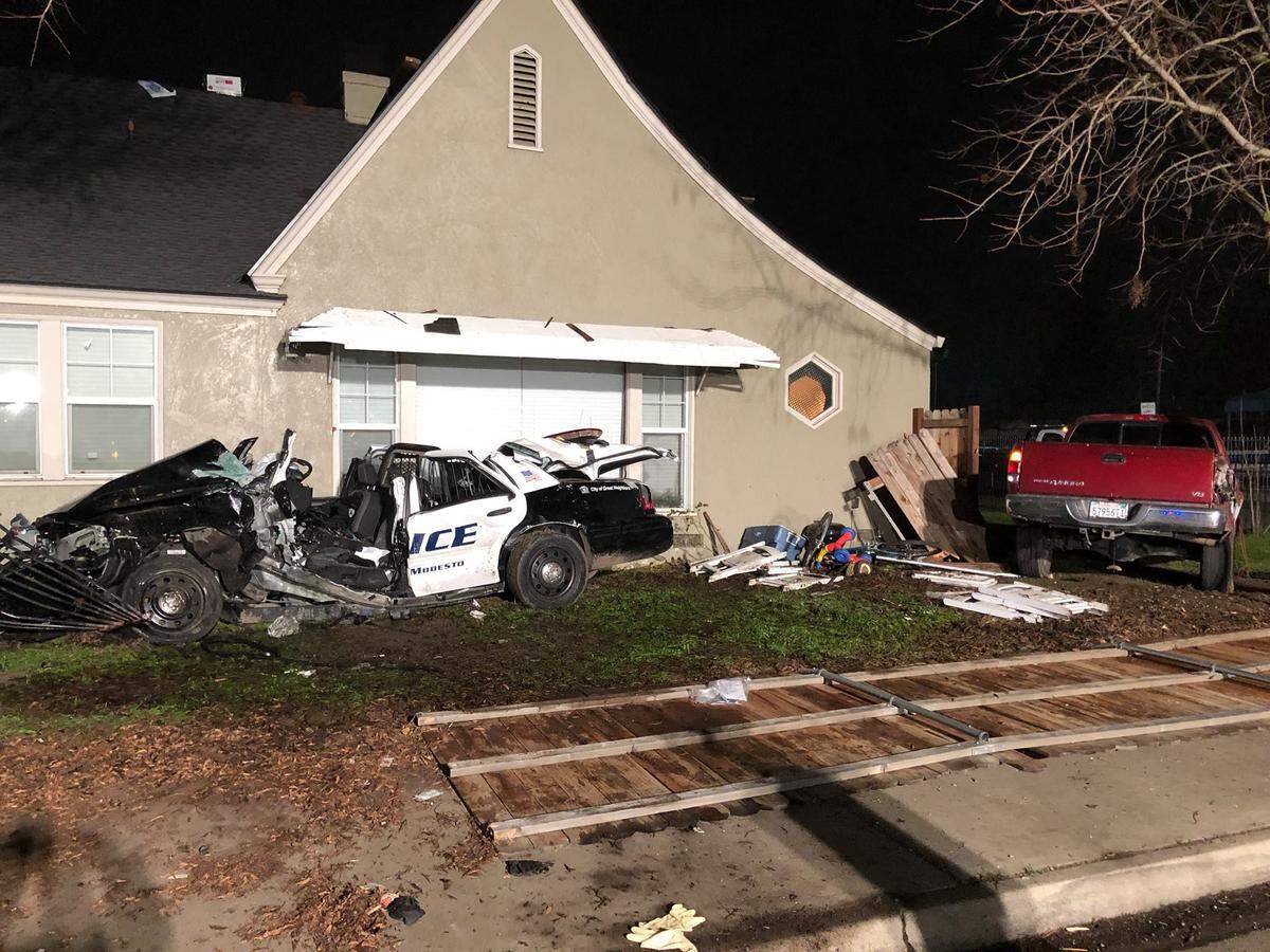 A Modesto police officer had to be extricated from his patrol car after being struck by a drunk driver fleeing the California Highway Patrol early Tuesday, authorities say.