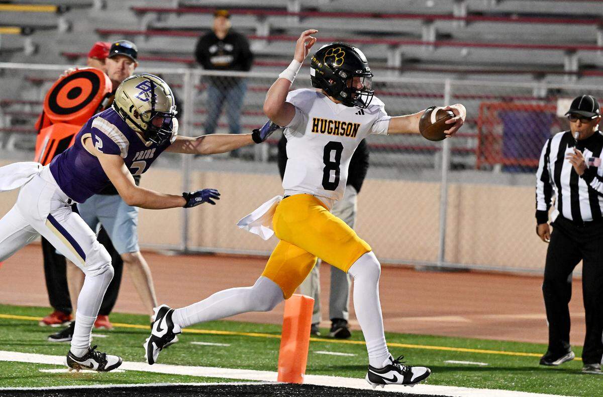 Hughson quarterback Robert McDaniel carries the ball into the end zone during the Sac-Joaquin Section Division VI championship game with Bradshaw Christian at Sacramento City College in Sacramento, Calif., Saturday, Nov. 25, 2023.