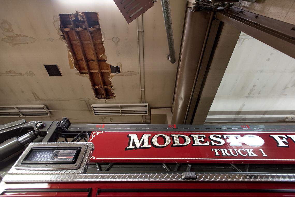 Water damage has resulted from roof leaks at Modesto Fire Station 1 in Modesto, Calif., Thursday, Jan. 17, 2019.