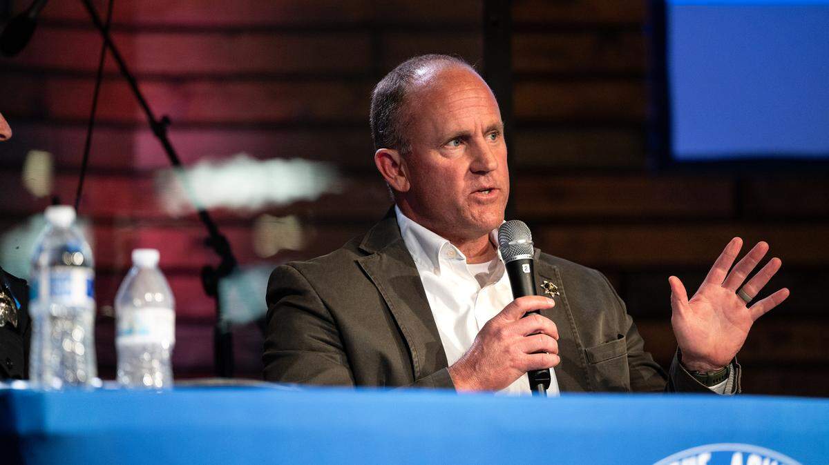 Panelist Stanislaus County Sheriff Jeff Dirkse speaks on domestic terrorism during a town hall meeting at the Redeemer Modesto church in Modesto, Calif., on Thursday, March 24, 2022. The meeting was sponsored by the local NAACP chapter and the ACLU.