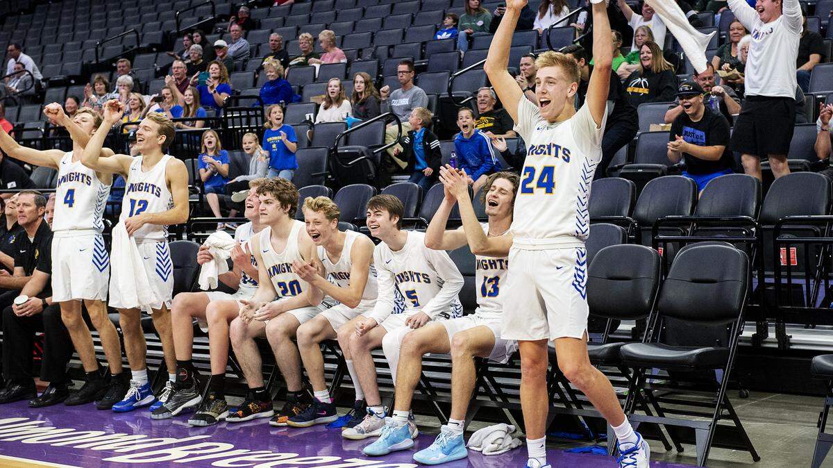 Ripon Christian’s teammembers cheer a basket in the final minute of the Sac-Joaquin Section Division VI boys basketball championship game with Stockton Christian at the Golden 1 Center in Sacramento, Calif., on Thursday, Feb. 27, 2020. Ripon Christian won the game 73-56.