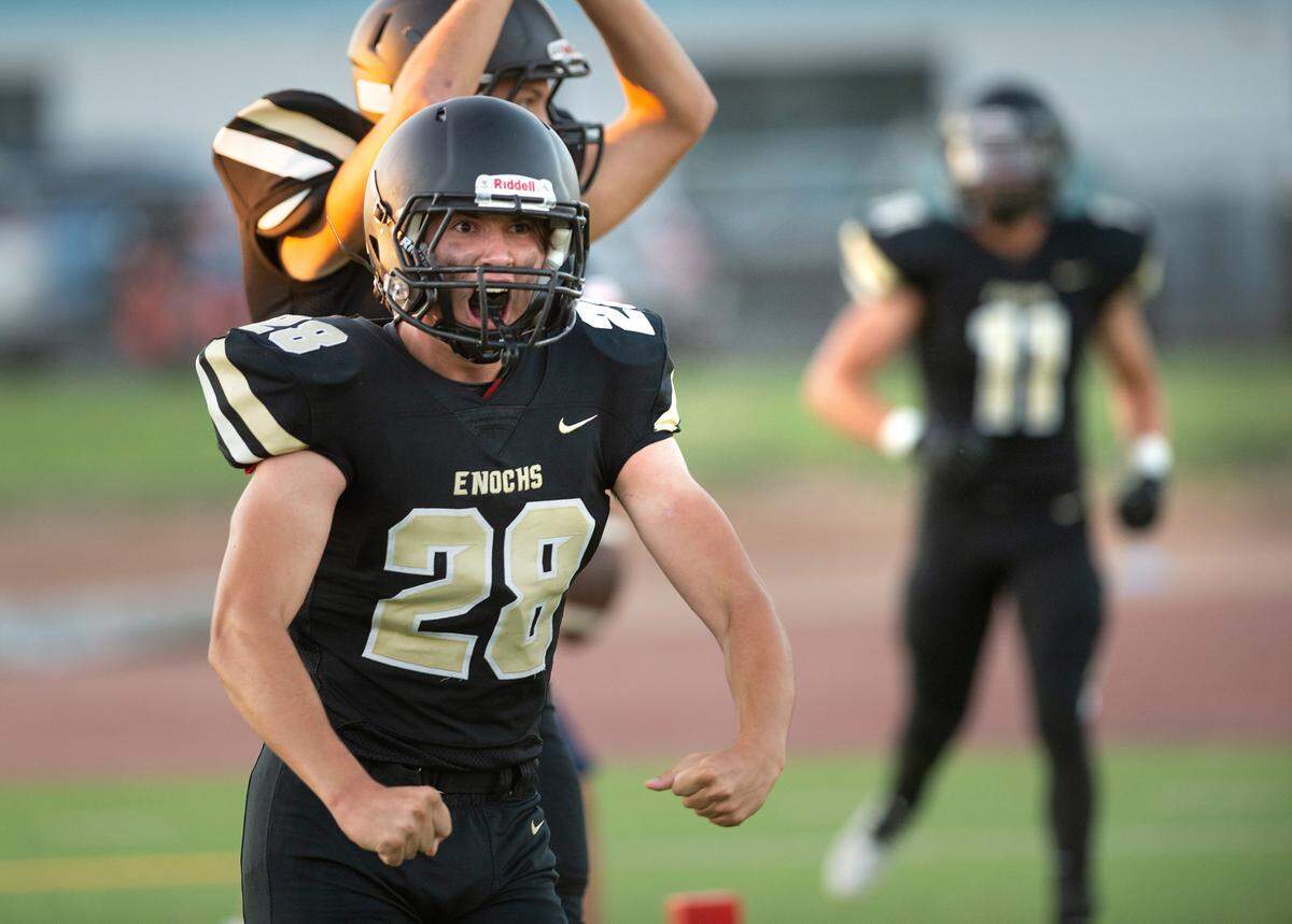 Enochs’ Roman Garcia celebrates a defensive play during Friday’s game with Beyer at Downey High School in Modesto, Calif., on August 19, 2022.