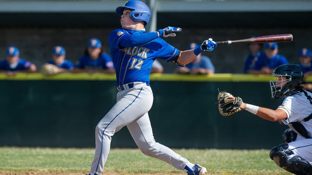 Turlock’s Griffen Sotomayor hits a two-run double during the Central California Athletic League game with Gregori at Gregori High School in Salida, Calif., on Tuesday, April 20, 2021.