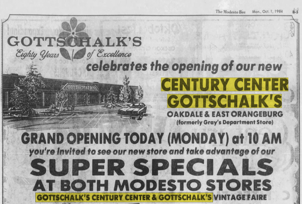 An advertisement for the grand opening of Gottschalks in Modesto’s Century Center in The Modesto Bee on Oct. 1, 1984.
