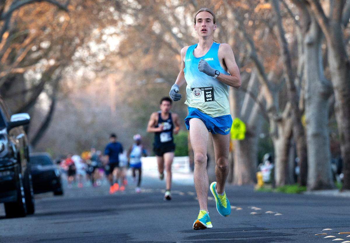 Men’s marathon winner Michael Mrgudic of Modesto, on the first mile of the Modesto Marathon in Modesto, Calif., Sunday, March 26, 2023. Mrgudic finished with a time of 2 hours, 25 minutes, 41 seconds.