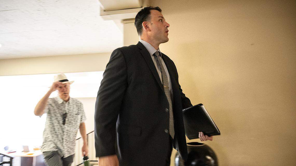 Former Modesto Police officer Joseph Lamantia makes his way to dept 4. at the Stanislaus County courthouse in Modesto, Calif., Friday, July 21, 2023. Judge Carrie Stephens cleared Lamantia in the fatal shooting of Trevor Seever.