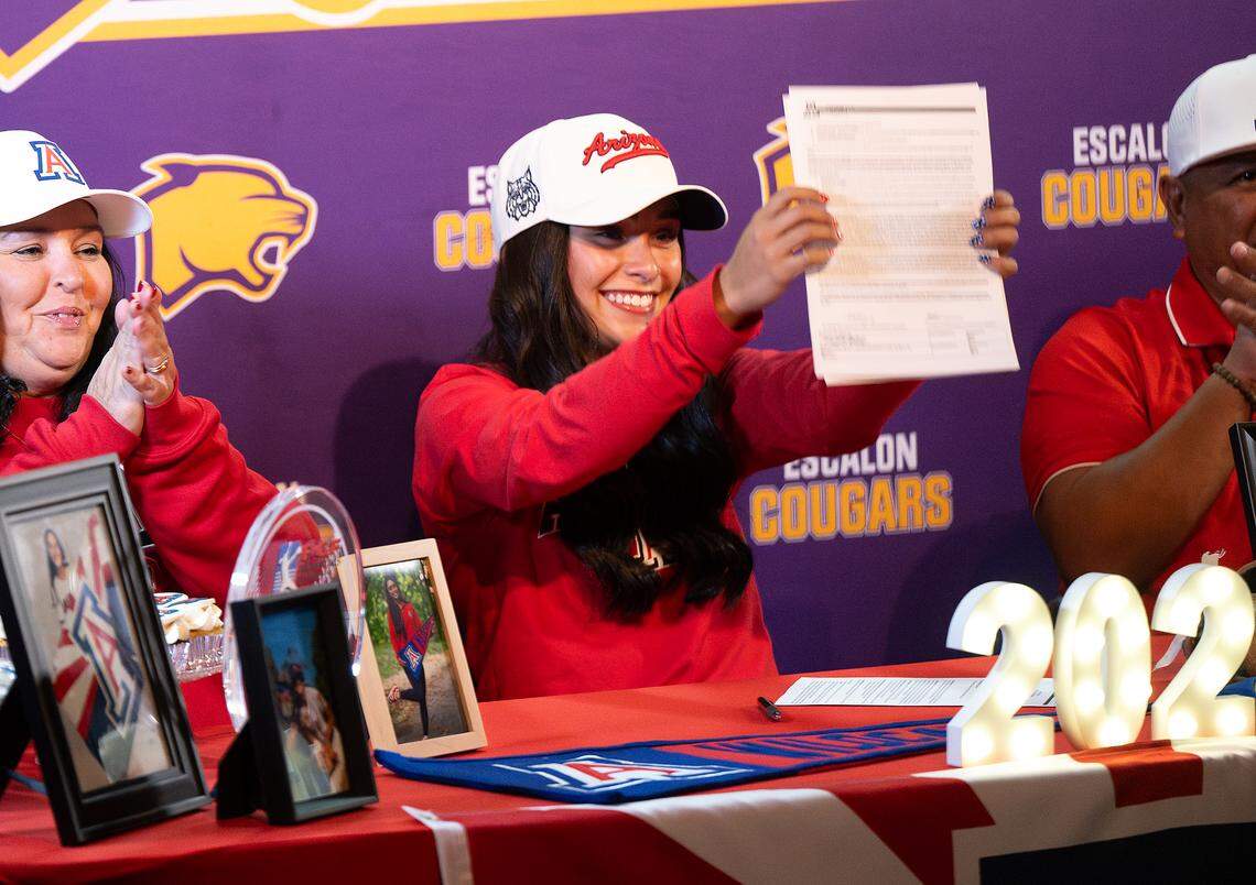 Escalon softball player Madi Babasa has signed to play softball at Arizona. Family, coaches and faculty celebrated with a signing ceremony in Escalon, Wednesday, Nov. 12, 2025. 