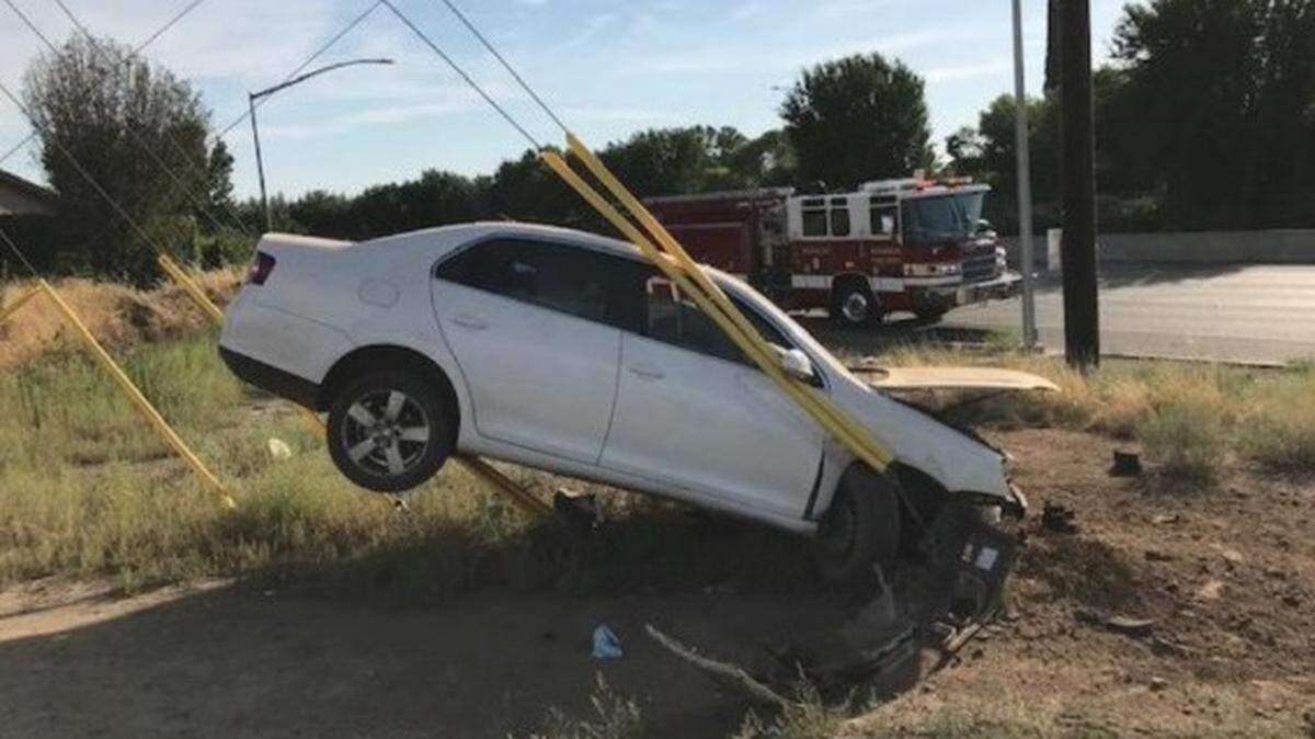 A female driver suffered moderate injuries in this crash on Claus Road on Monday evening June 17, 2019, Modesto police report. A Modesto Fire Department report says the car was airborne about 70 feet after the driver hit an embankment at high speed.