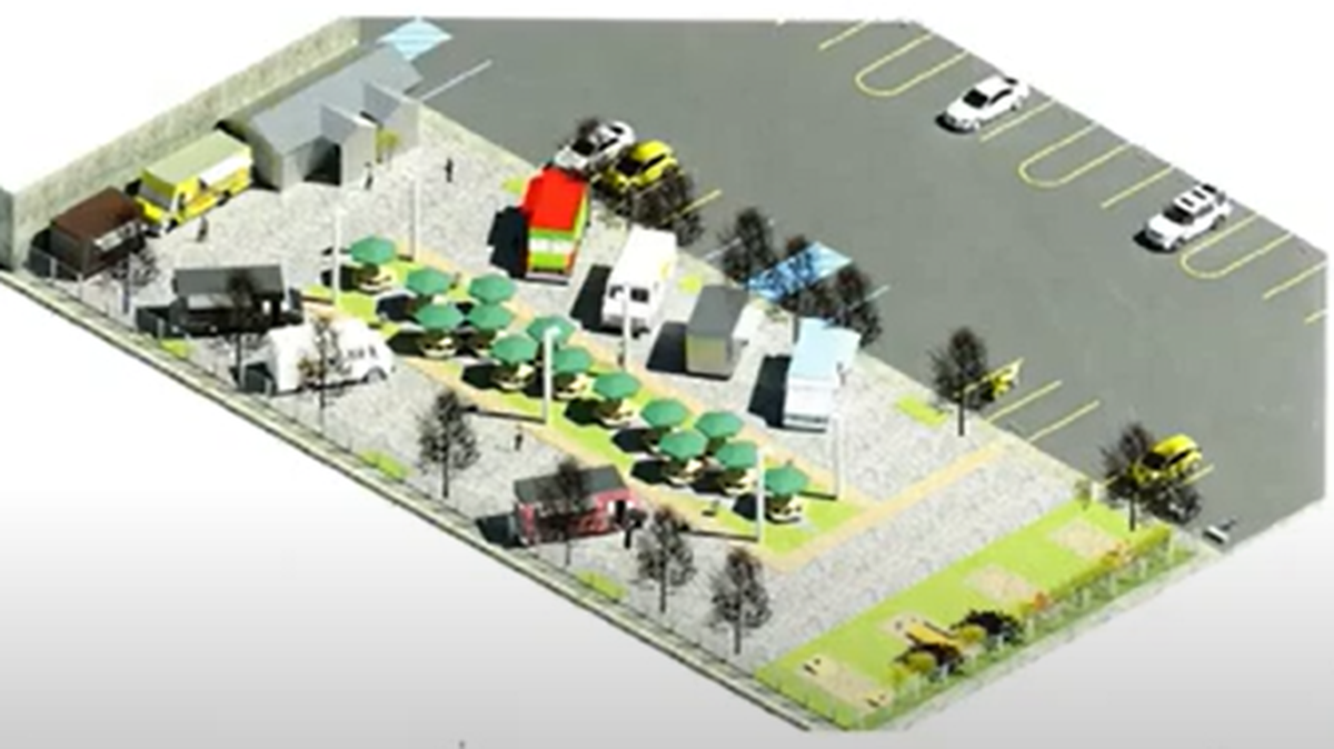 Representación artística del nuevo patio de camiones de comida en el Condado de Stanislaus, aprobado por la comisión de urbanismo.