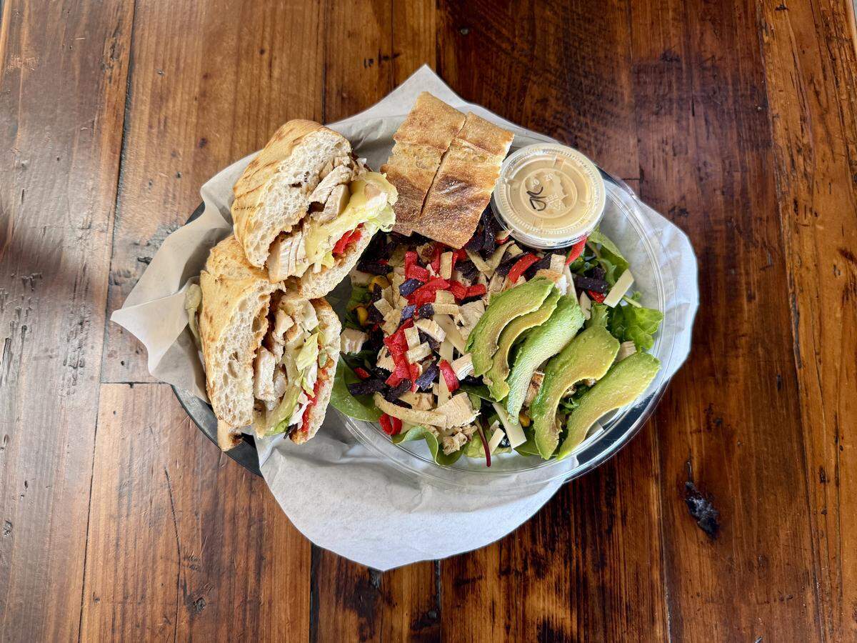 A hot crunch chicken sandwich and baja chicken salad from Cali Rays Sourdough Deli in Modesto, Calif.