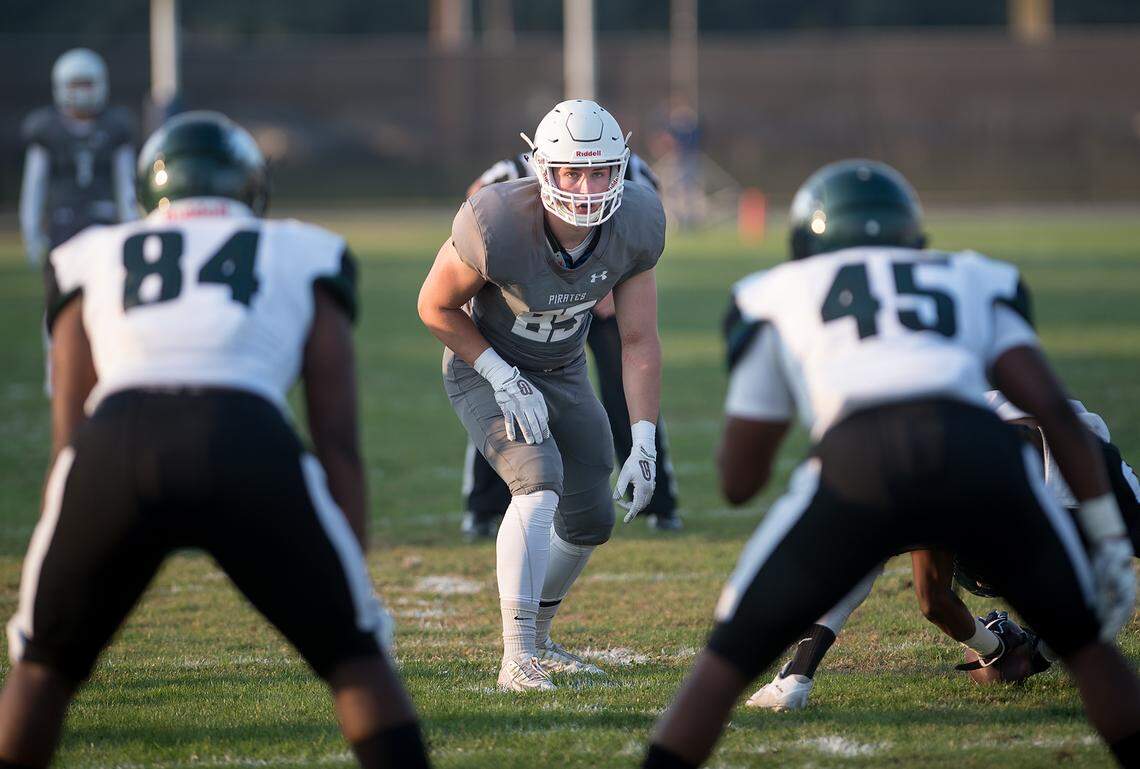 Modesto Junior College tight end Rory Hanson (85) prepares for a special teams play during a 2018 game against Laney. Hanson signed with Fresno State.