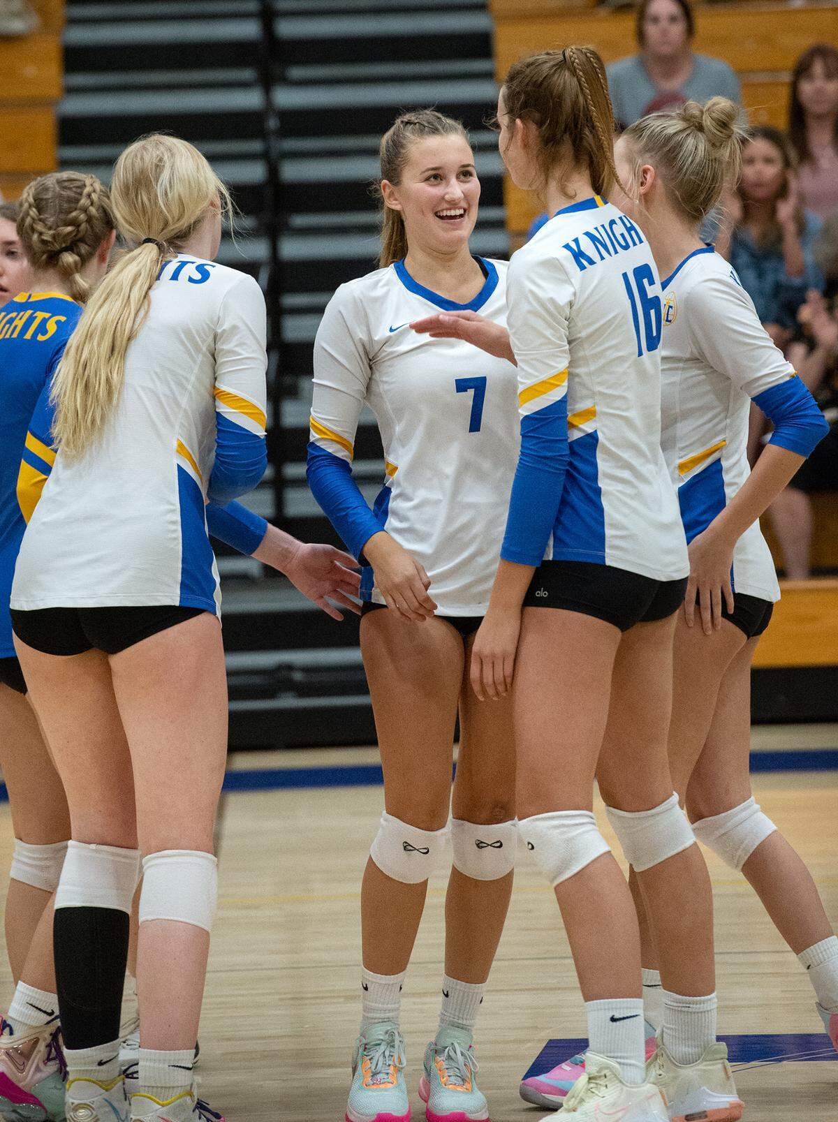 Ripon Christian’s Jordan Vander Veen and her teammates celebrate a point during a Southern League game in Ripon, Calif., Thursday, Oct. 13, 2022.