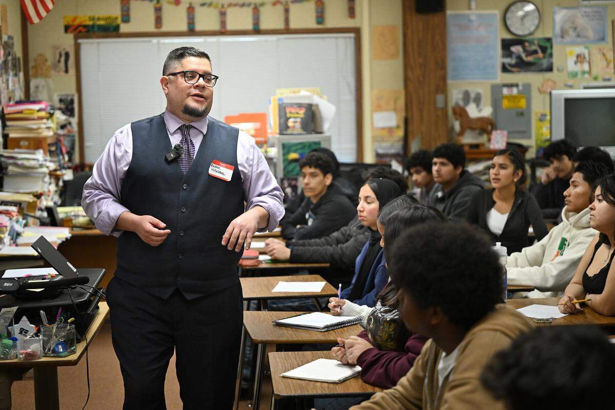 Stanislaus County Superior Court Judge Ruben Villalobos speaks to students in an English class during the Day of Respect at Modesto High School in Modesto Wednesday, March, 5, 2025. Guest speakers shared personal stories with several different classes during the day.