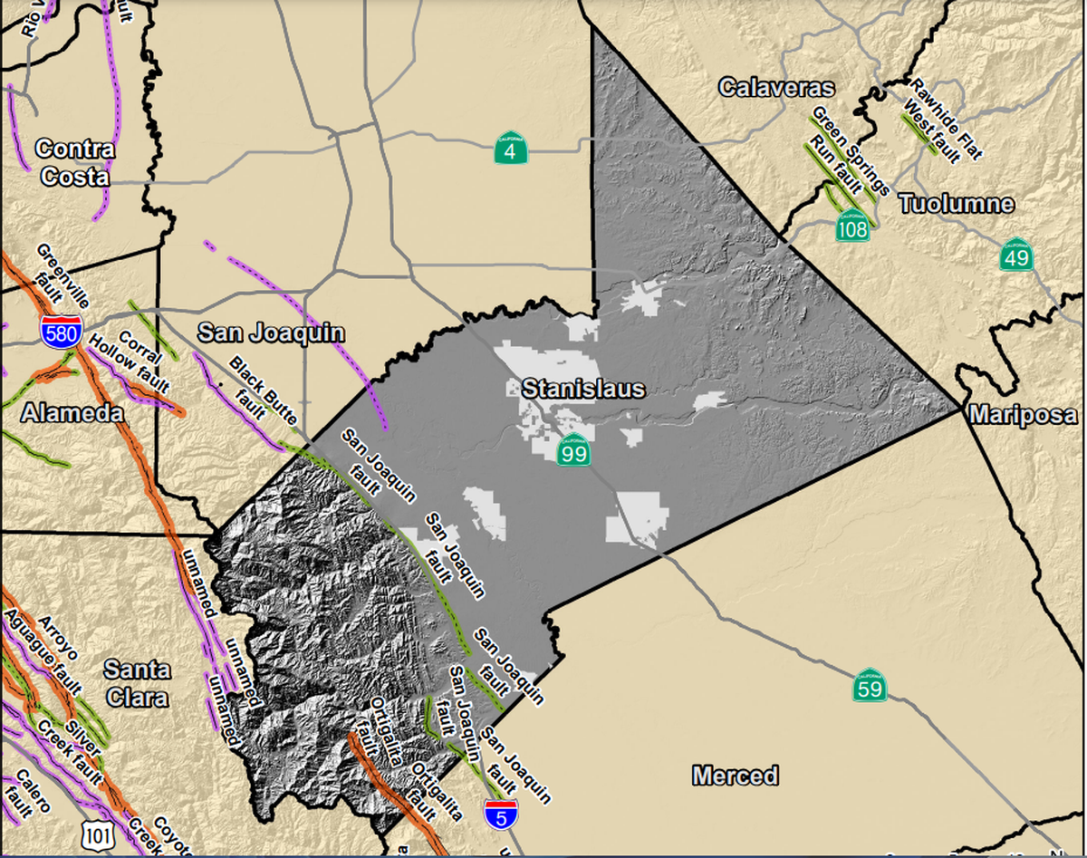 A map of the faults that run through Stanislaus County.