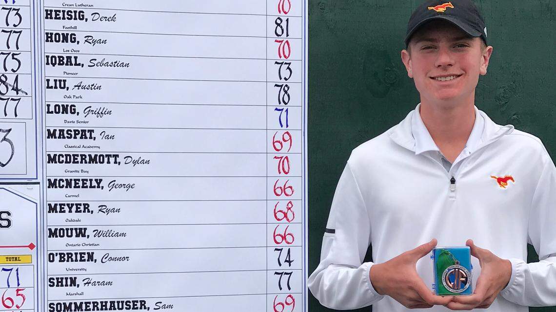Oakdale sophomore golfer Ryan Meyer poses for a photo after finishing tied for sixth at the CIF State Boys Golf Championships at Poppy Hills Golf Course in Pebble Beach, California on Wednesday, May 29, 2019.