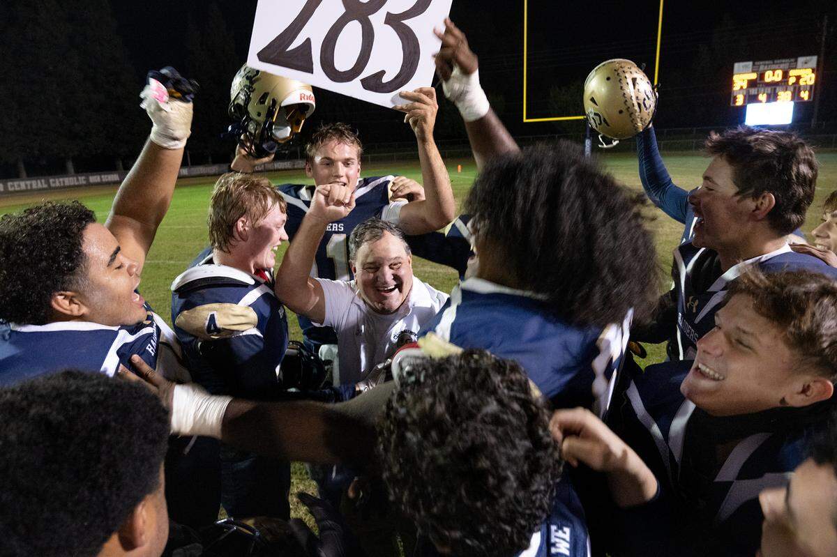 Central Catholic’s Roger Canepa became the winningest coach in Sac-Joaquin Section history with the 34-20 win over Edison in the Sac-Joaquin Section Division I quarterfinal game at Central Catholic High School in Modesto, Calif., Friday, Nov. 10, 2023.