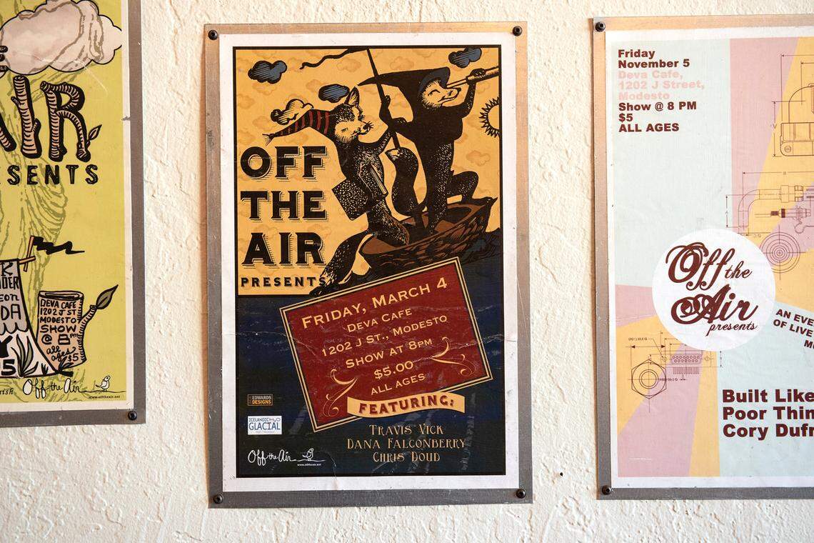 Posters of the some of the past Off The Air music events at Deva Cafe. The longtime cafe has closed in downtown Modesto, Calif., Tuesday, Oct. 25, 2022.