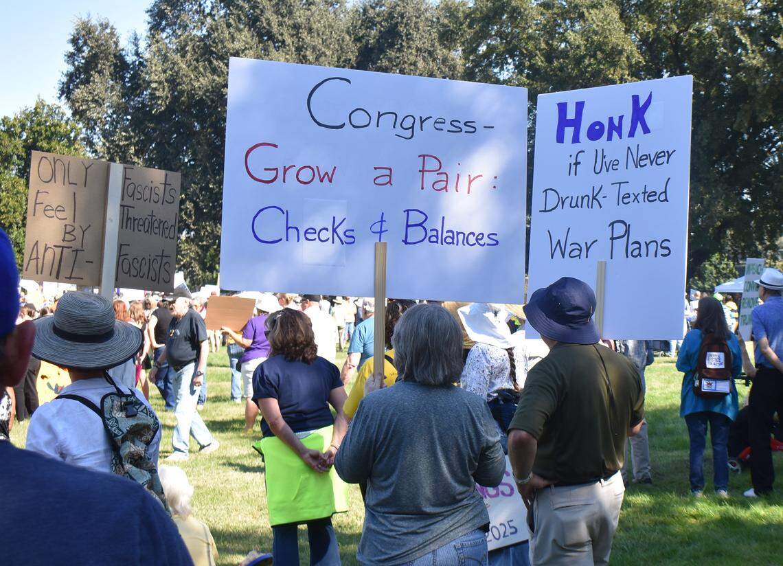 The second No Kings rally in Modesto this year was held in Standiford Park on Tokay Avenue in Modesto, Calif., on Saturday, Oct. 18, 2025.