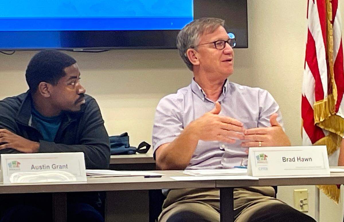 Brad Hawn, right, was named chairman of the new Community Police Review Board in Modesto, California, on June 15, 2023. At left is member Austin Grant.